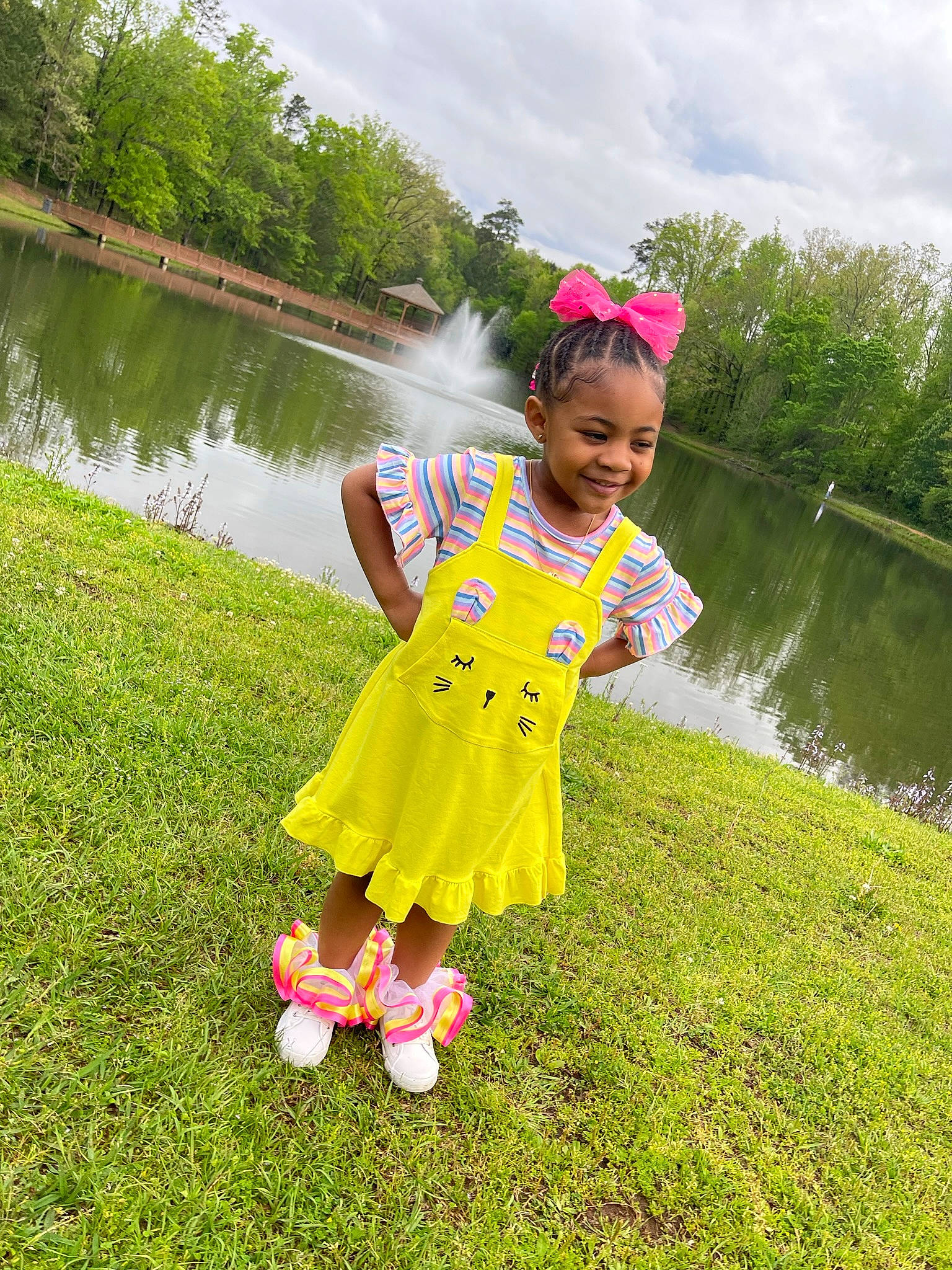 Chloe Nevaeh joined the competition — help win amazing prizes! baby_toddler_clothing, botany, cloud, fun, grass, grassland, green, happy, joy, lake, leaf, leisure, meadow, people_in_nature, person, pink, plant, sky, smile, toddler
