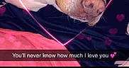 Mijo is registered to the contest to win money with this photo: dog, pet, hand, heart, pink, love, instagram_post, text_overlay, animal, domestic_animal, cute, sleeping, face, fur, closeup, affection, caring, bed, blanket, digital_effects