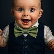 William is registered to the contest to win money with this photo: baby, baby_boy, blue_eyes, bow_tie, buttoned_vest, child, closeup, clothing, cute, face, fashion, formal_wear, hands, happy, infant, person, portrait, smiling, studio, vest