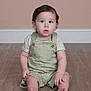 child, toddler, baby, sitting, floor, overalls, striped_shirt, barefoot, curly_hair, indoors, wooden_floor, expression, portrait, casual_clothing, young_child, cute, innocent, curious, light_green, neutral_background
