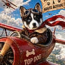 Benji a rejoint le concours — aidez-le/la à gagner de superbes lots ! adventure, animal, aviator, banner, biplane, clouds, cute, dog, flying, goggles, husky, leather_jacket, outdoor, pilot, propeller, puppy, red_airplane, scarf, sky, vintage_aircraft