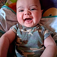 Christopher is registered to the contest to win money with this photo: baby, smiling, infant, camouflage_clothing, baby_seat, happy, face, child, cute, cheeks, indoors, portrait, sitting, short_sleeves, one_person, young_child, head, skin, person, expression
