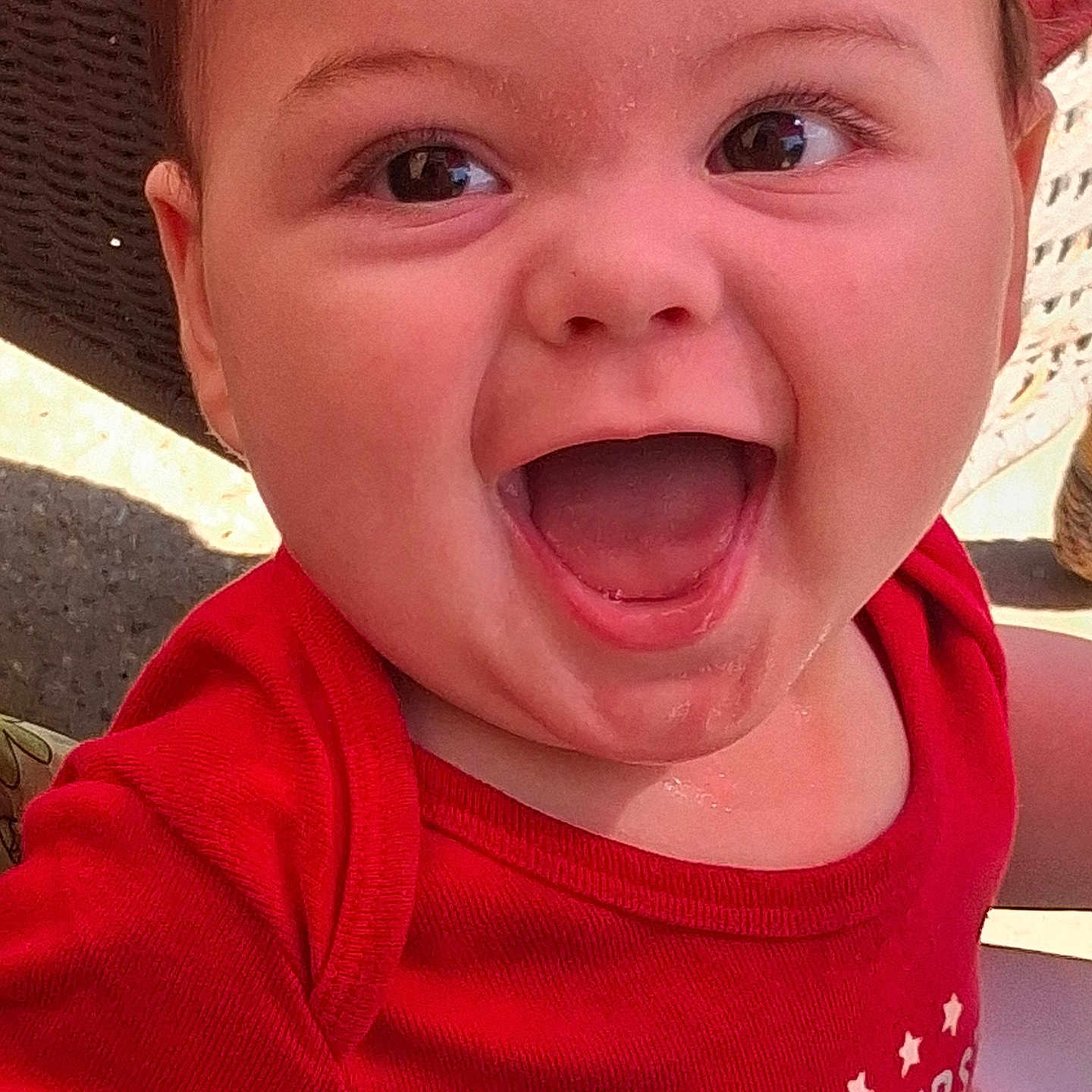 Christopher joined the competition — help win amazing prizes! baby, child, face, smile, laugh, red_shirt, happy, closeup, young_child, joy, skin, mouth_open, eyes, cute, infant, portrait, expression, clothing, person, daylight