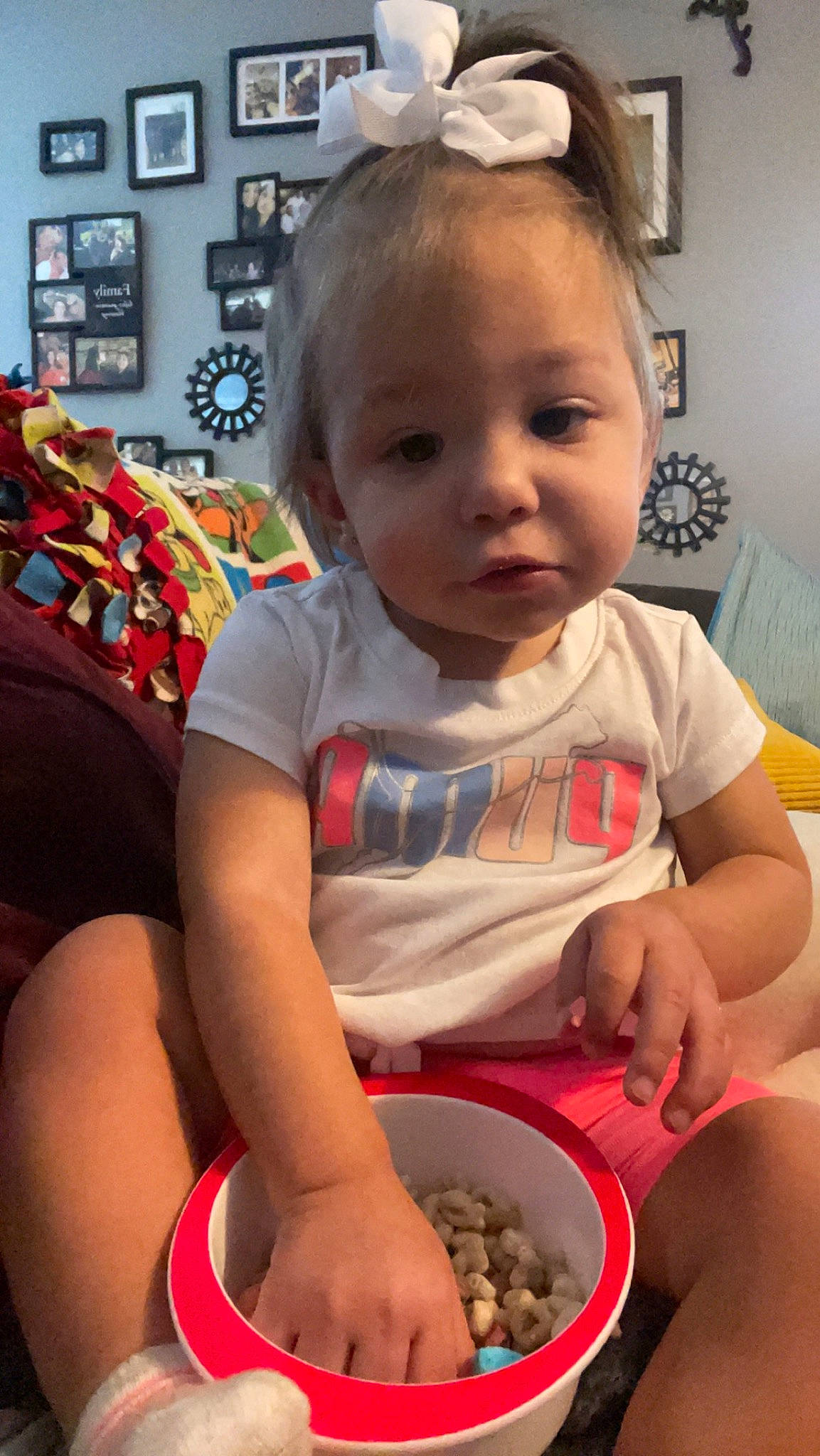 Brynleigh is registered to the contest to win money with this photo: arm, baby, baby_toddler_clothing, bowl, cheek, child, facial_expression, finger, fun, happy, head, iris, mouth, organ, people, person, picture_frame, sitting, skin, snapshot