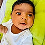 Viyansh joined the competition — help win amazing prizes! baby, infant, child, face, eyes, white_clothing, onesie, green_cushion, cushion, close_up, portrait, curious, lying_down, soft_light, indoors, skin, hand, cute, expression, newborn