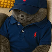 Ulysse a rejoint le concours — aidez-le/la à gagner de superbes lots ! animal, cap, cat, clothing, couch, cozy, cute, fashion, furniture, gray_cat, hat, indoor, pet, polka_dots, polo_shirt, portrait, relaxed, sitting, sleepy, yellow_pillow