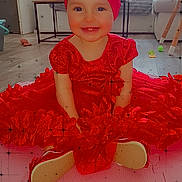 Mya a rejoint le concours — aidez-le/la à gagner de superbes lots ! child, toddler, smile, red_dress, headband, indoor, living_room, sofa, toy, pink_mat, shoes, sitting, portrait, cute, baby, playtime, sparkle_filter, happy, floor, furniture
