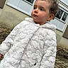 Mya a rejoint le concours — aidez-le/la à gagner de superbes lots ! building, child, close_up, curly_hair, cute, face, fur_coat, grass, hooded_jacket, outdoor, pavement, person, portrait, rosy_cheeks, serious_expression, standing, toddler, white_coat, window, winter