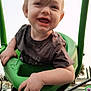 toddler, child, swing, playground, happy, smiling, outdoor, green, clothing, person, face, hair, hand, toy, fun, daylight, park, recreation, leisure, expression