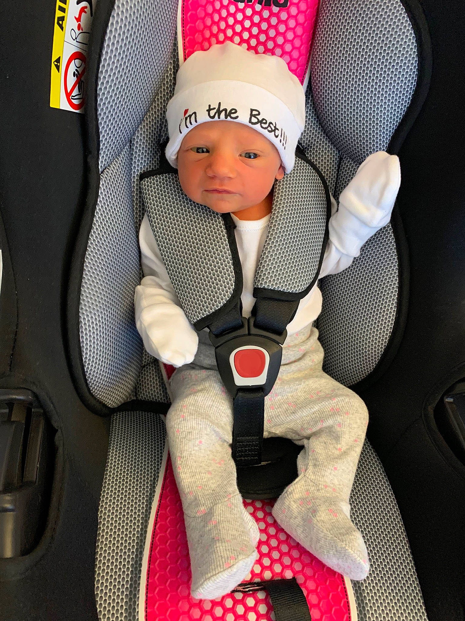 Amina is registered to the contest to win money with this photo: auto_part, baby, baby_carriage, baby_in_car_seat, baby_products, car, car_seat, car_seat_cover, child, comfort, family_car, headwear, person, product, seat_belt, toddler, vehicle