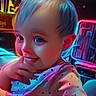 child, toddler, baby, portrait, face, smiling, sitting, hand, colorful, neon, glowing, indoor, arcade, playroom, close_up, digital_art, stylized, polka_dot, clothing, happy