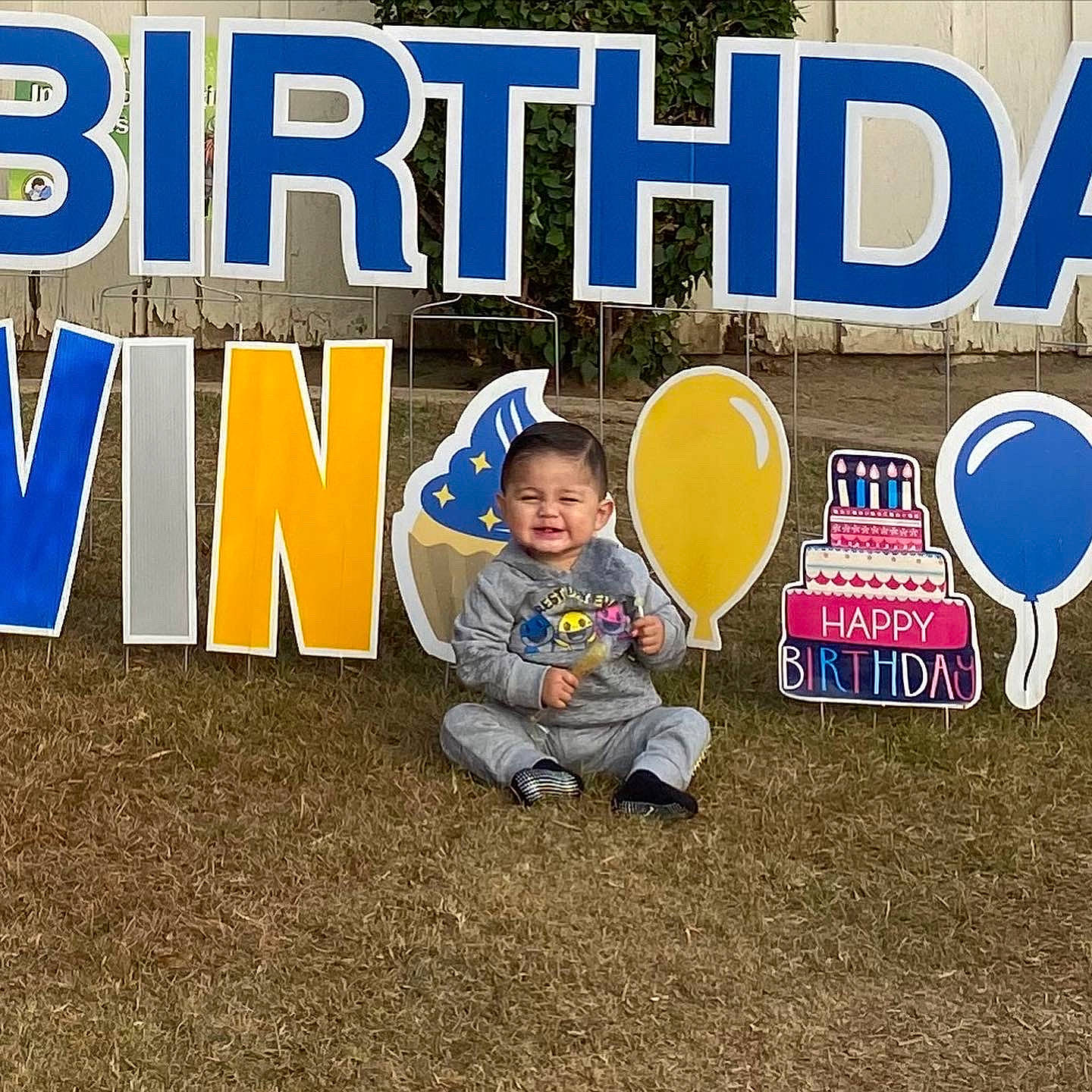 Kalvin is registered to the contest to win money with this photo: advertising, baby, baby_toddler_clothing, font, fun, grass, happy, landscape, logo, person, photo_caption, plant, public_space, recreation, sign, signage, smile, t_shirt, toddler, tree