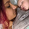 woman, baby, sleeping, blanket, face, hair, skin, portrait, closeup, affection, love, rest, cozy, indoor, person, tenderness, mother, child, relaxation, soft_light