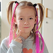 Cristal participe au concours pour gagner de l'argent avec cette photo : braids, cabinet, casual_clothing, child, cute, expression, face, girl, hair, hand_gesture, heart_graphic, hoodie, indoor, peace_sign, person, pigtails, pink_hair, portrait, smile, young