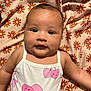 Eliana joined the competition — help win amazing prizes! baby, infant, child, face, eyes, smile, dress, clothing, pattern, flower_pattern, pink, white, blanket, fabric, cute, lying_down, skin, arm, indoors, portrait