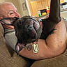 Cookie joined the competition — help win amazing prizes! dog, dogs, service_dog, human, man, face, portrait, couch, indoors, home, living_room, cuddle, lying_down, upside_down, close_up, collar, dog_tag, tattoo, relaxed, funny