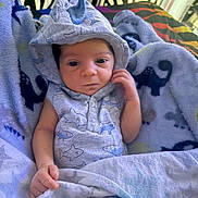 Cooper joined the competition — help win amazing prizes! baby, infant, child, portrait, close_up, face, eyes, looking_at_camera, outfit, shark_pattern, hat, blanket, bedding, plush_blanket, cozy, indoors, lying_down, hand, soft_lighting, cute