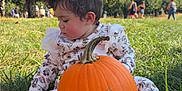 Mariana joined the competition — help win amazing prizes! autumn, baby, blue_sky, child, curious, cute, daylight, fall, field, floral_clothing, grass, nature, orchard, outdoor, person, pumpkin, seasonal, sitting, toddler, trees
