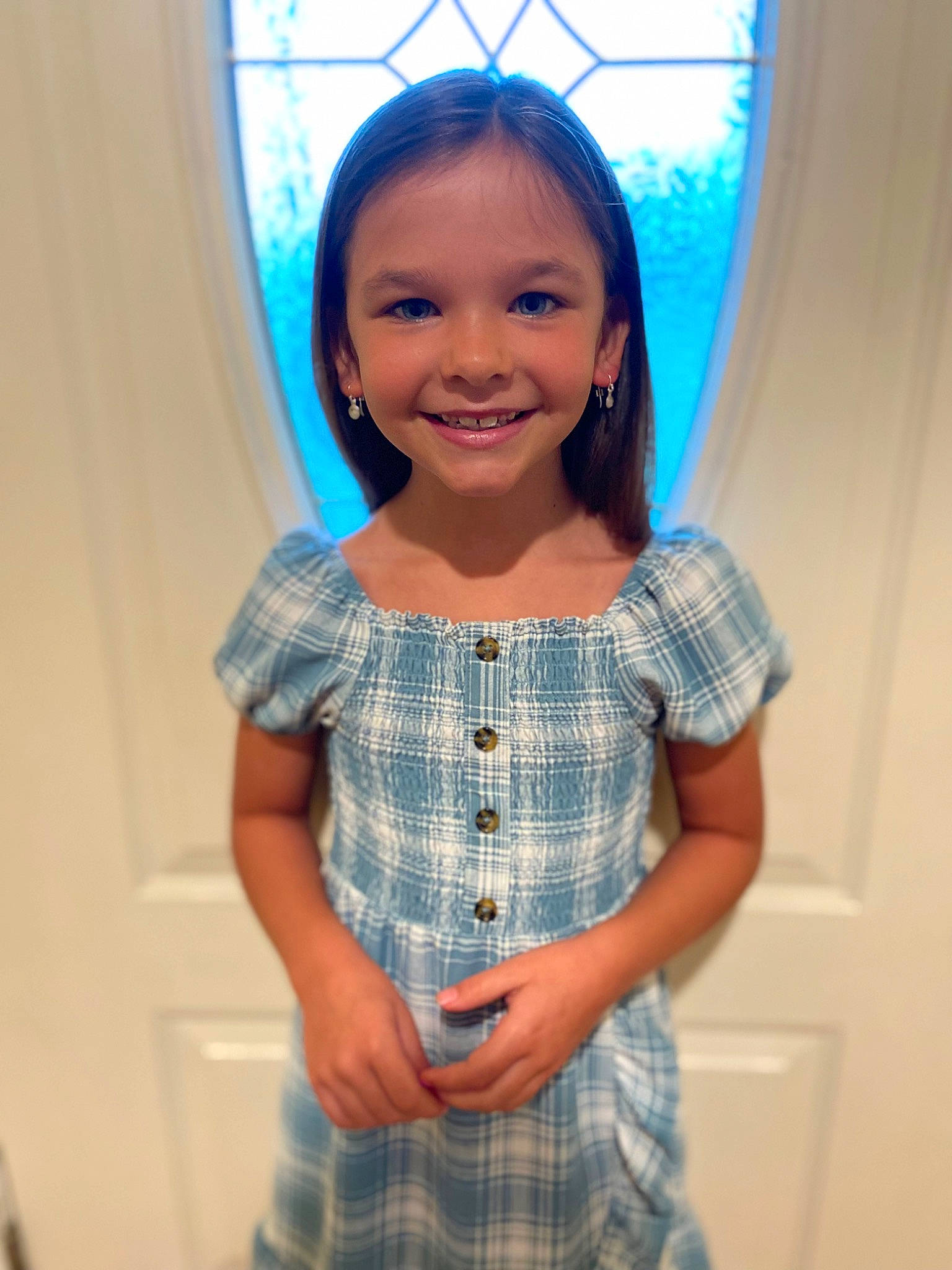 Brynlee joined the competition — help win amazing prizes! blue, child, curtain, day_dress, denim, dress, dress_shirt, electric_blue, formal_wear, happy, human_body, joy, one_piece_garment, pattern, person, plaid, sleeve, smile, tartan, toddler