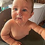 baby, child, blue_eyes, milk_mustache, high_chair, curious, chubby_arms, indoor, skin, face, hands, messy, cute, infant, table, home, natural_light, portrait, young_child, close_up