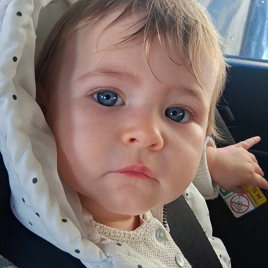 Maéna a rejoint le concours — aidez-le/la à gagner de superbes lots ! baby, blue_eyes, button, car_seat, casual, child, close_up, clothing, curious, expression, face, hood, indoor, jacket, knitwear, person, pointing, seatbelt, toddler, young_child