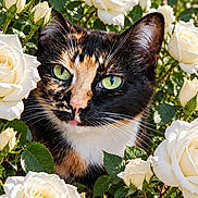 Hallie is registered to the contest to win money with this photo: cat, calico_cat, animal, pet, feline, close_up, portrait, green_eyes, whiskers, ears, fur, black_fur, orange_fur, white_fur, rose_garden, white_roses, flowers, leaves, outdoor, nature