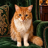 Mr Kitty joined the competition — help win amazing prizes! cat, orange_cat, fluffy, long_hair, sitting, portrait, pet, animal, green_chair, velvet, armchair, luxury_interior, ornate, cushion, lamp, flowers, wood_furniture, warm_lighting, indoors, whiskers