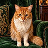 cat, orange_cat, fluffy, long_hair, sitting, portrait, pet, animal, green_chair, velvet, armchair, luxury_interior, ornate, cushion, lamp, flowers, wood_furniture, warm_lighting, indoors, whiskers