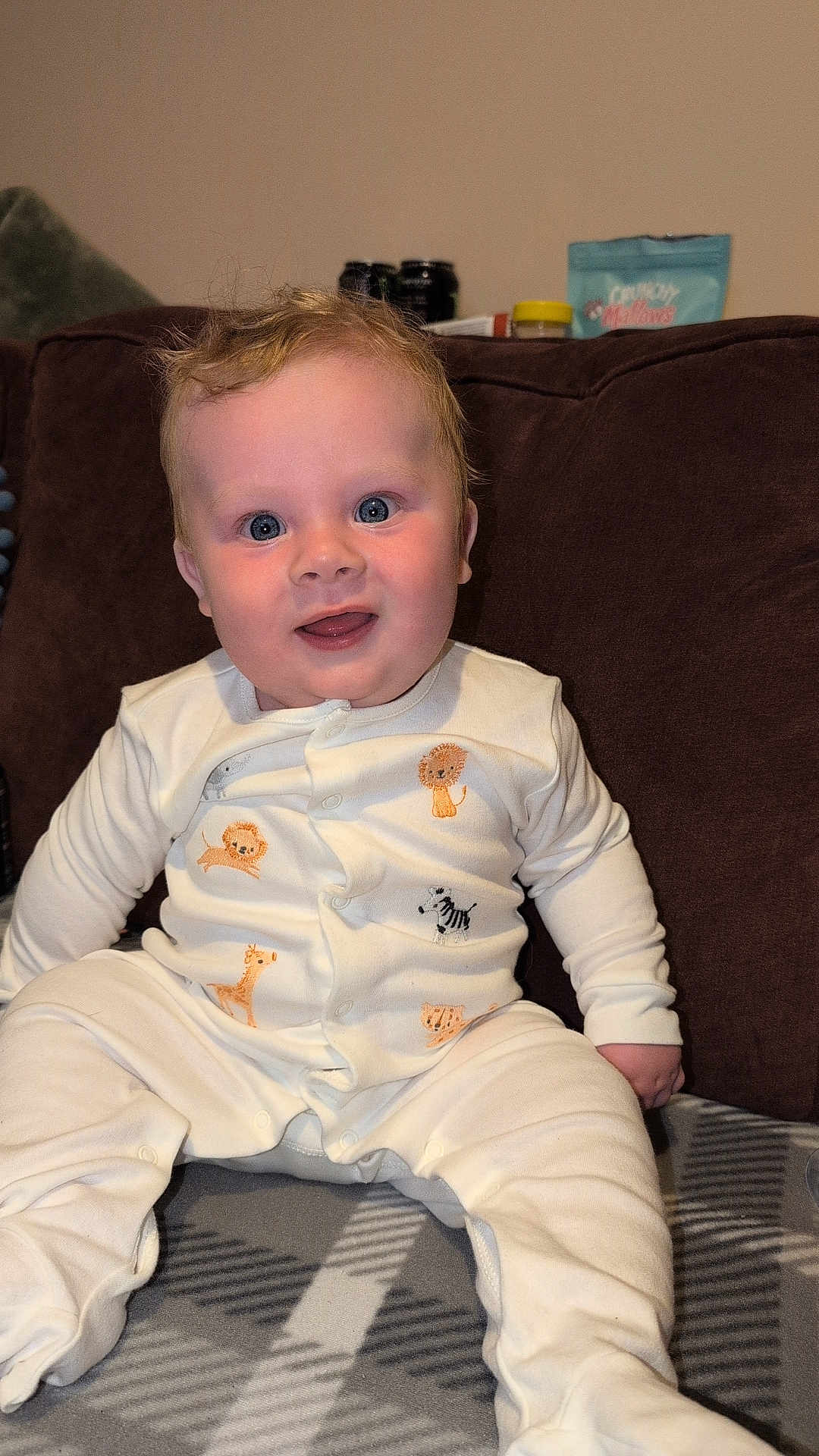 Mason joined the competition — help win amazing prizes! baby, child, infant, onesie, animal_print, smiling, blue_eyes, sitting, blanket, couch, indoor, happy, cute, face, young, person, soft_lighting, plush, comfort, portrait