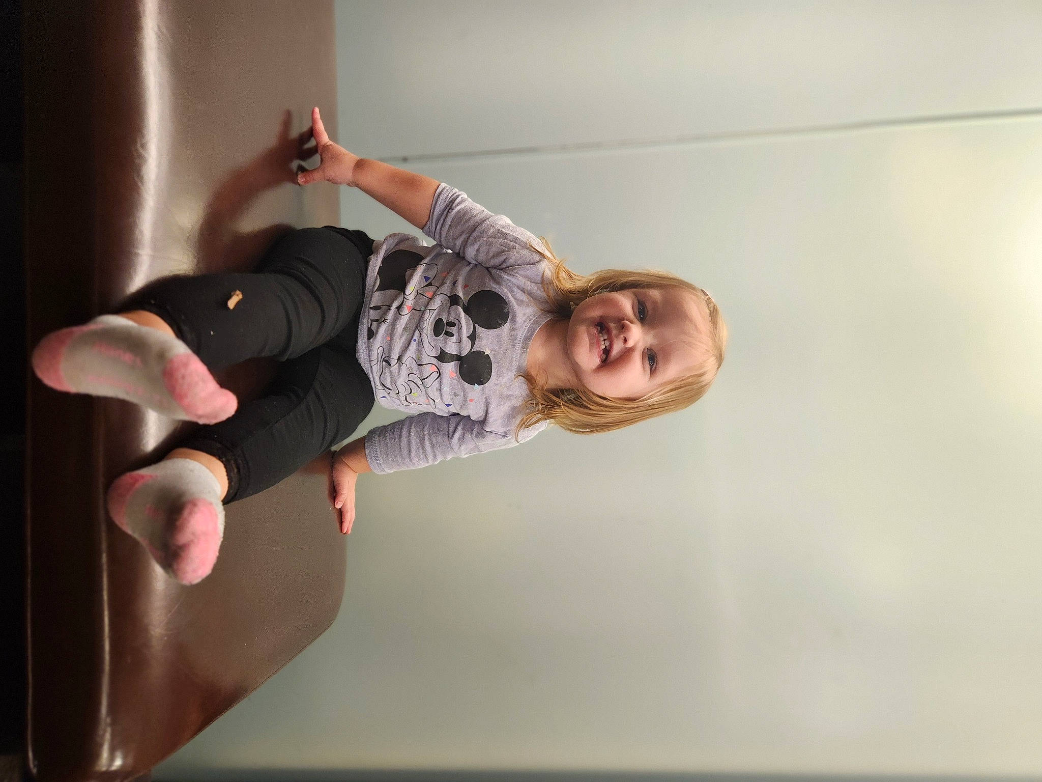 Ava is registered to the contest to win money with this photo: ceiling, child, elbow, flash_photography, fun, gesture, happy, human_leg, joy, knee, performance, person, room, smile, sportswear, t_shirt, thigh, waist, wrist