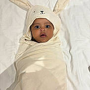Lucas is registered to the contest to win money with this photo: baby, bed, blanket, bunny_ears, child, cozy, cute, expression, face, head, indoors, infant, person, portrait, sleepwear, soft, surprised, towel, white, wrapped