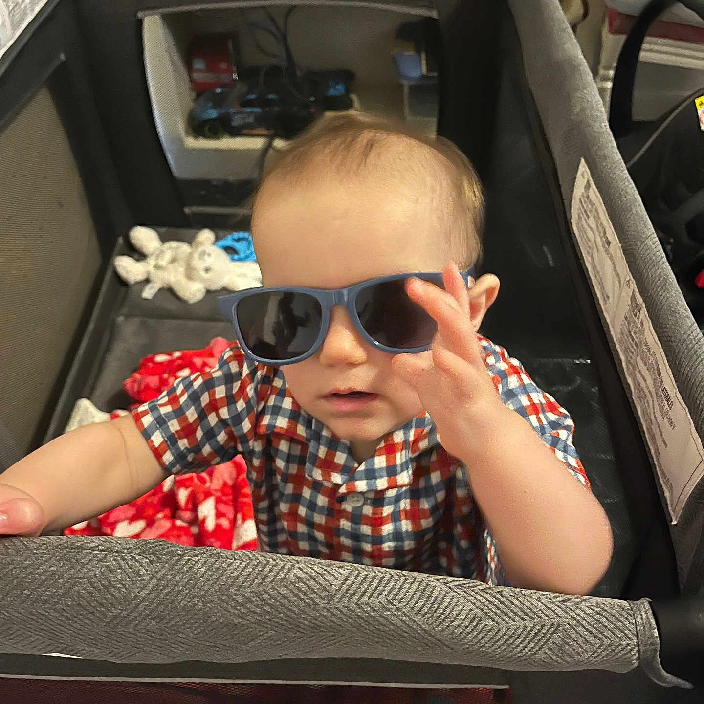Zachery joined the competition — help win amazing prizes! toddler, child, sunglasses, playpen, checkered_shirt, toy, blanket, indoor, baby, face, hand, person, cute, casual_clothing, infant, young_child, furniture, home, portrait, smiling