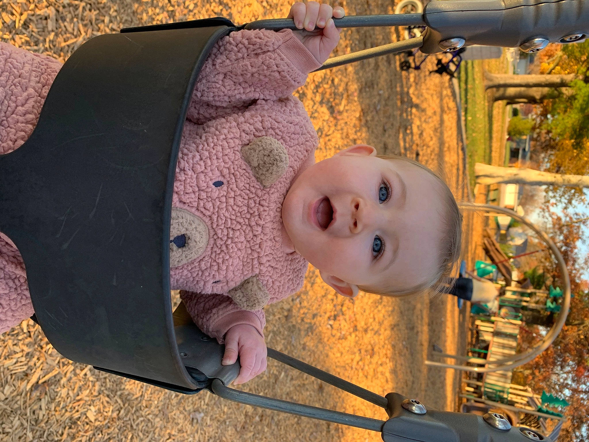 Juniper joined the competition — help win amazing prizes! baby, child, city, facial_expression, fun, grass, happy, leisure, outdoor_play_equipment, pattern, person, plant, play, recreation, smile, soil, toddler, tree, winter, wood