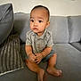 Mateo joined the competition — help win amazing prizes! toddler, child, baby, sitting, couch, gray_couch, pillow, indoors, curious, button_up_shirt, shorts, barefoot, expression, face, person, home, cozy, furniture, young_child, portrait