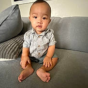 Mateo is registered to the contest to win money with this photo: toddler, child, baby, sitting, couch, gray_couch, shirt, shorts, indoor, home, furniture, person, face, feet, hands, curious, young_child, portrait, casual_clothing, cozy