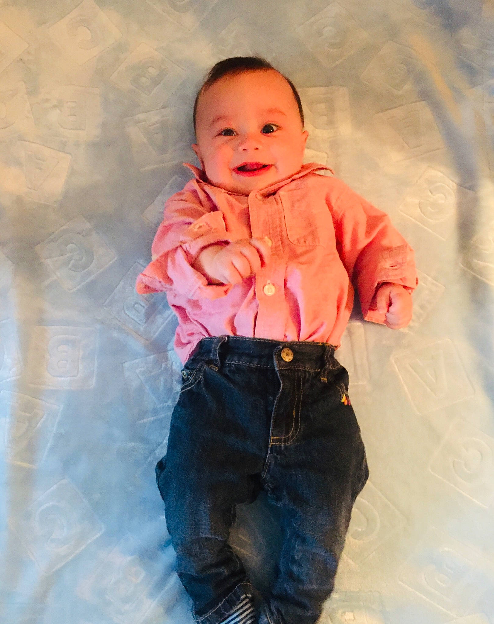 Brody is registered to the contest to win money with this photo: abdomen, child, fun, happy, jeans, person, smile, standing, toddler