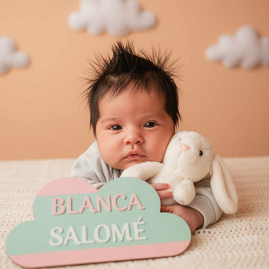 Blanca Salomé joined the competition — help win amazing prizes! baby, bunny, child, cloud_sign, cozy, cute, decorations, face, indoor, infant, knitted_blanket, lying_down, name_sign, nursery, pastel_colors, person, plush_toy, portrait, soft_lighting, spiky_hair