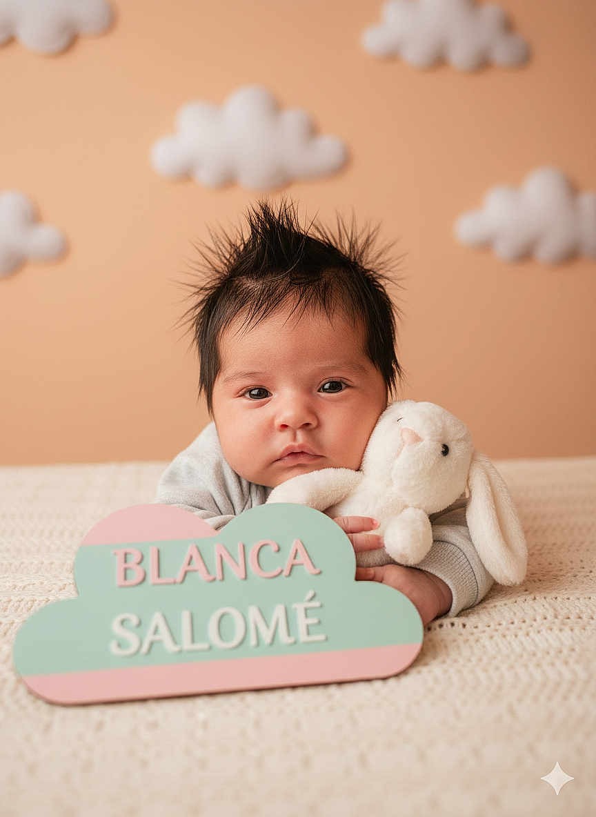 Blanca Salomé joined the competition — help win amazing prizes! baby, bunny, child, cloud_sign, cozy, cute, decorations, face, indoor, infant, knitted_blanket, lying_down, name_sign, nursery, pastel_colors, person, plush_toy, portrait, soft_lighting, spiky_hair