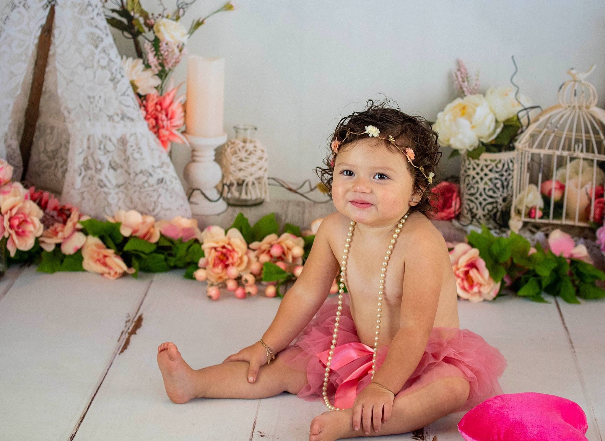 Avyanna joined the competition — help win amazing prizes! baby, baby_toddler_clothing, child, cut_flowers, event, flooring, floral_design, flower, flower_arranging, happy, headgear, headpiece, human_leg, joy, peach, person, petal, pink, plant, sitting