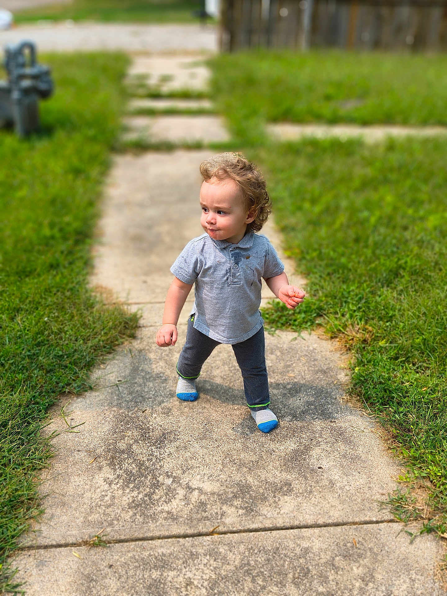 Johnathan is registered to the contest to win money with this photo: toddler, child, curly_hair, gray_shirt, pants, socks, sidewalk, grass, outdoor, daylight, standing, person, walking_path, nature, casual_clothing, young_child, concrete, greenery, curious, playful