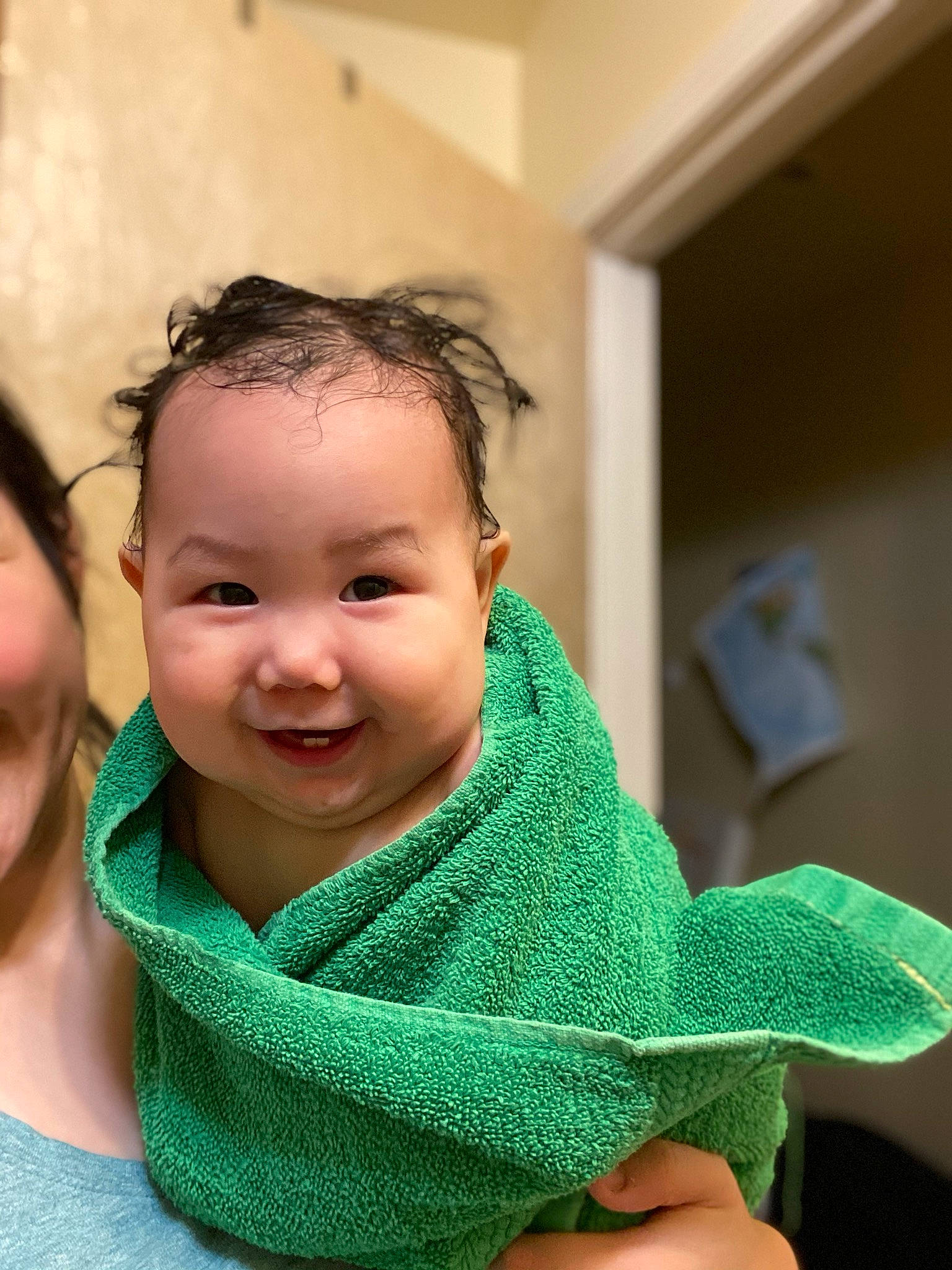 Susan joined the competition — help win amazing prizes! baby, cheek, child, chin, face, finger, green, hand, head, joy, knitting, neck, nose, outerwear, person, skin, smile, textile, toddler, wool