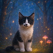 Aro participe au concours pour gagner de l'argent avec cette photo : cat, kitten, black_and_white, sitting, forest, mushrooms, fireflies, glowing, magical, night, nature, cute, animal, whiskers, fur, wide_eyes, fantasy, enchanted, mystical, portrait
