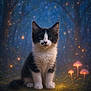 cat, kitten, black_and_white, sitting, forest, mushrooms, fireflies, glowing, magical, night, nature, cute, animal, whiskers, fur, wide_eyes, fantasy, enchanted, mystical, portrait