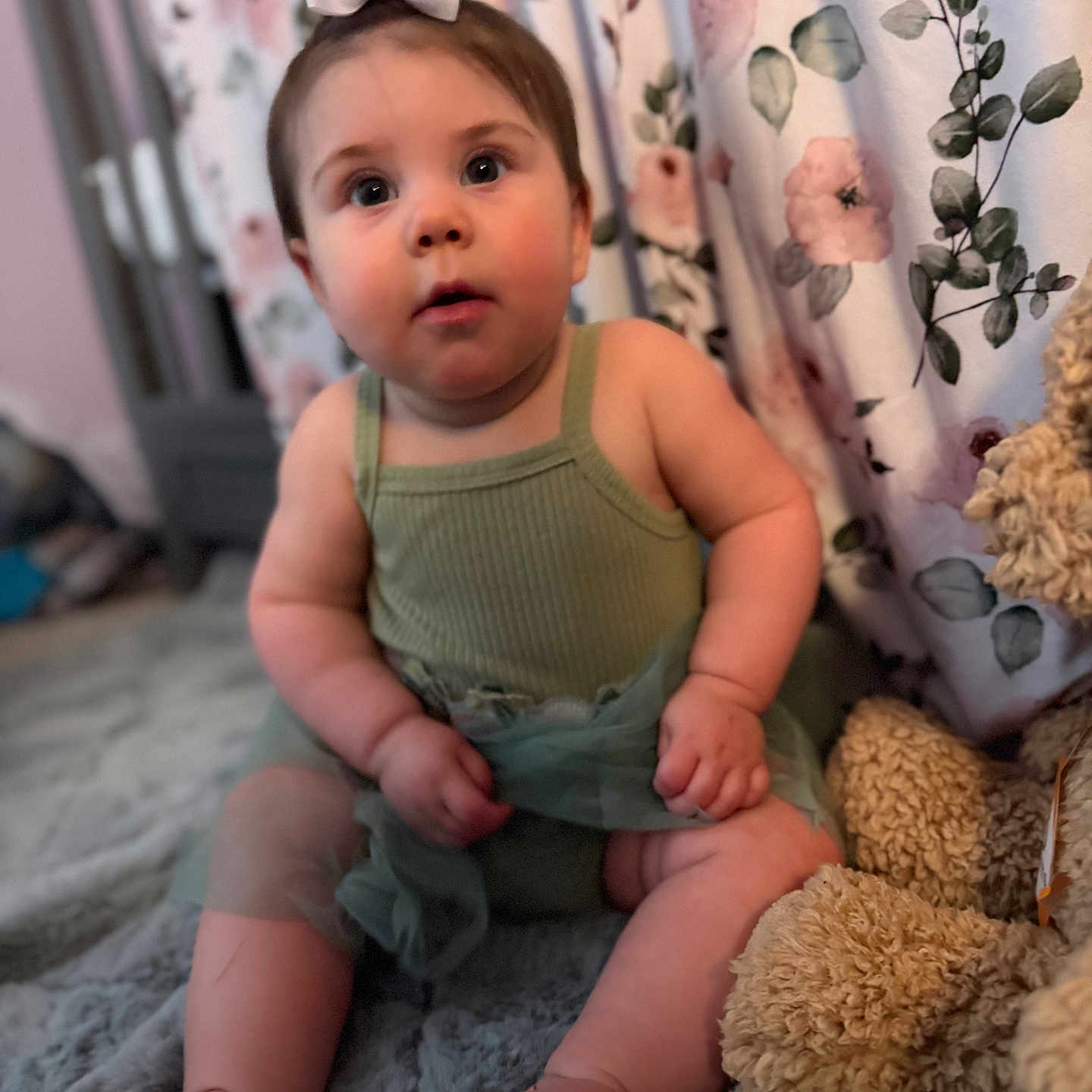 Rylee joined the competition — help win amazing prizes! baby, bodypart, clothing, couch, curtain, face, finger, footwear, furniture, hand, head, homedecor, indoors, linen, person, photography, portrait, sandal, sitting, toy