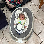 Livio a rejoint le concours — aidez-le/la à gagner de superbes lots ! baby, infant, baby_rocker, dog, dog_cage, blanket, floor_tiles, indoor, pet_bed, baby_clothing, baby_socks, baby_bib, furniture, animal, pet, looking_away, small_dog, resting, curious, household