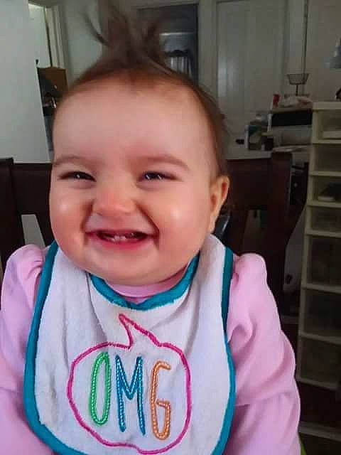 Jazmine is registered to the contest to win money with this photo: baby, baby_toddler_clothing, cheek, child, cool, ear, eyebrow, eyelash, facial_expression, forehead, happy, iris, jaw, joy, laugh, lip, mouth, organ, person, sleeve