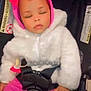 adorable, baby, car_interior, car_seat, child, child_safety, cozy, cute, fashion, headband, indoors, infant, pink_bow, pink_pants, resting, seatbelt, sleeping, small_hand, toddler, white_jacket