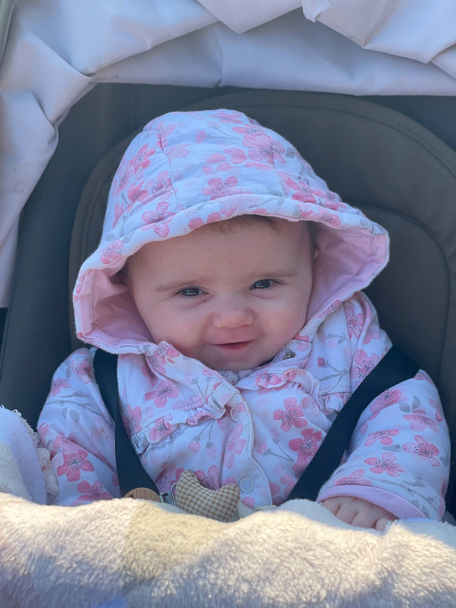 Harlow joined the competition — help win amazing prizes! baby, baby_carriage, baby_products, baby_safety, baby_toddler_clothing, cap, cheek, child, comfort, fashion_accessory, fun, headwear, linens, magenta, outerwear, person, pink, sitting, sleeve, toddler