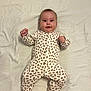 baby, bed_sheet, child, clothing, cute, expression, face, hands, head, indoor, infant, leopard_print, lying_down, newborn, onesie, person, skin, sleepwear, smile, soft_lighting