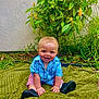 Jaxon Dean joined the competition — help win amazing prizes! toddler, child, smiling, blue_eyes, sitting, outdoor, grass, blanket, greenery, plant, yellow_flowers, shirt, plaid_shirt, shorts, black_shoes, happy, baby, portrait, nature, daylight